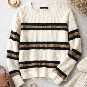 Nikka‎ K Cream Striped Sweater Chunky Knit Black Tan Stripe Cozy Pullover Medium